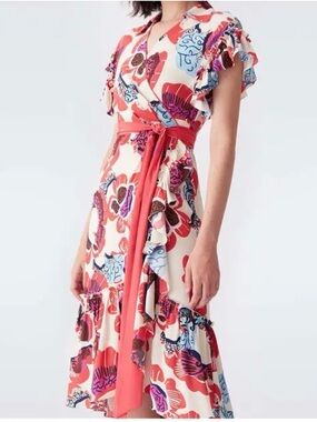 Diane Von Furstenberg Cream Dress with Pink and Blue Print